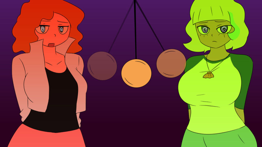 aokushan arms_behind_back bangs collarbone disney female_only freckles green_skin huge_breasts jacket jackie_lynn_thomas melissa_chase milo_murphy&#039;s_law necklace open_mouth orange_hair orange_skin pendulum platinum_blonde_hair shirt short_hair shorts simple_background spiral_eyes star_vs_the_forces_of_evil