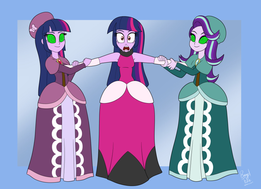 bagel_of_time dress dual_persona equestria_girls femsub happy_trance my_little_pony restrained spiral_eyes starlight_glimmer twilight_sparkle