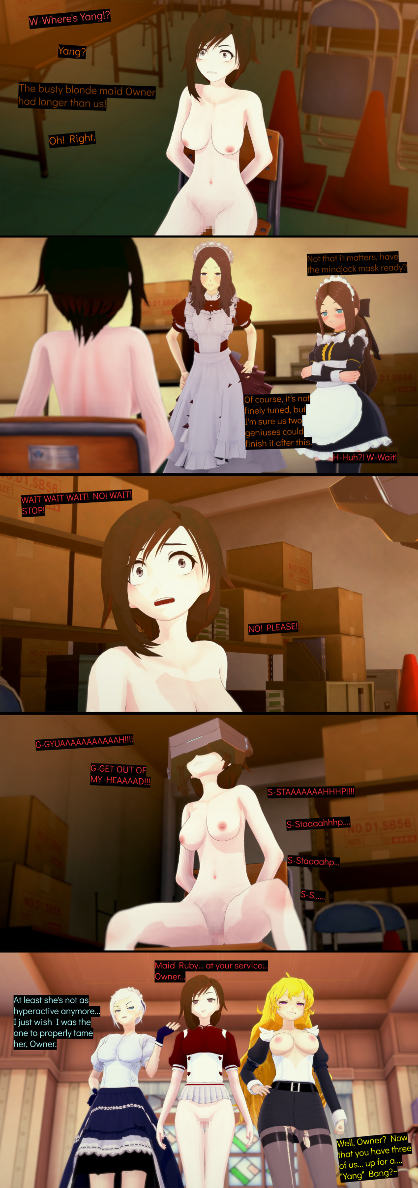 3d cyanstargazer empty_eyes fate/grand_order fate_(series) femsub happy_trance large_breasts leonardo_da_vinci_(fate) leonardo_da_vinci_(rider)_(fate) maid nipples nude ruby_rose rwby visor winter_schnee yang_xiao_long