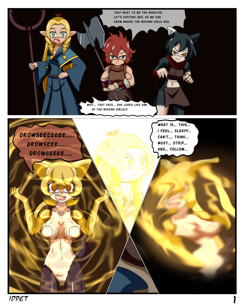 all_fours cat_pose character_request comic delicious_in_dungeon drool drowzee empty_eyes femsub idpet izutsumi_(delicious_in_dungeon) long_hair marcille_donato nude pet_play pokemon ring_eyes sitting text transformation