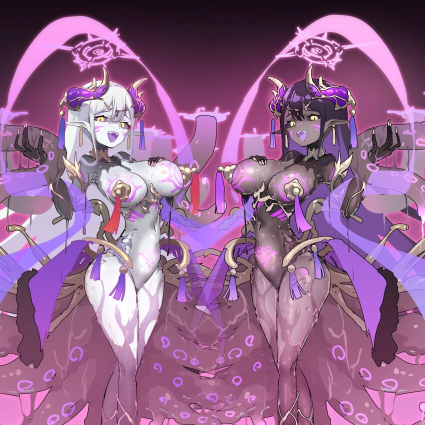bangs black_hair black_sclera black_skin body_markings bottomless breast_grab crotch_tattoo earrings elf_ears female_only femsub halo happy_trance horns jewelry large_breasts looking_at_viewer multiple_girls nail_polish navel oboobso open_mouth pasties pink_background tentacles tongue topless torn_clothes very_long_hair wet white_hair white_skin yellow_eyes