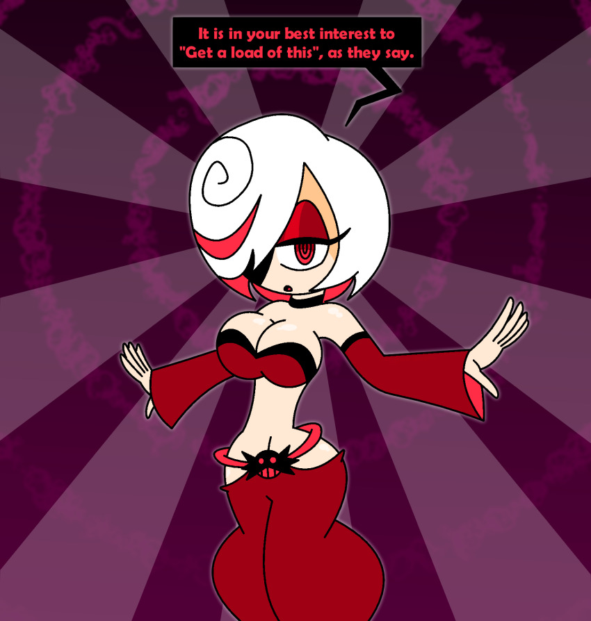 aged_up alternate_costume bare_shoulders breasts cleavage clothed costume dancer dancing dialogue english_text eyeshadow female_only femsub hair_covering_one_eye harem_outfit hypnoscream large_breasts looking_at_viewer makeup midriff navel open_mouth red_eyes sage_(sonic_frontiers) short_hair solo sonic_frontiers sonic_the_hedgehog_(series) speech_bubble spiralwash_eyes text white_hair