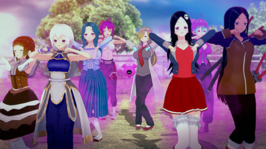 3d ahoge apoc_(cyanstargazer) armpits black_hair blonde_hair blue_hair chicken_dance chicken_pose choei_(cyanstargazer) crimson_stargazer_(character) cyan_stargazer_(character) cyanstargazer dark_skin dazed dress empty_eyes eye_roll female_only femsub gloves hair_ornament happy_trance heavy_eyelids hypnotic_gas inferna_(cyanstargazer) koikatsu! lab_coat mochi_dance multicolored_hair multiple_girls multiple_subs navel nintendo open_mouth original pants pecharunt pokemon pokemon_scarlet_and_violet purple_eyes purple_hair shoes skirt smile tie