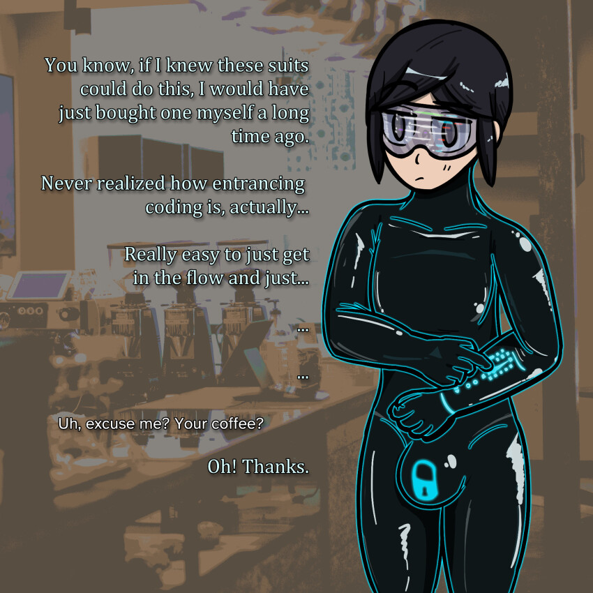 aware black_hair blush bodysuit bulge collarbone consensual drone dronification edging eyebrows_visible_through_hair female_only femsub glowing grey_eyes happy_trance iris_azure null_bulge original self_hypnosis short_hair smile solo spiral tech_control text tight_clothing trance_delightful visor wholesome