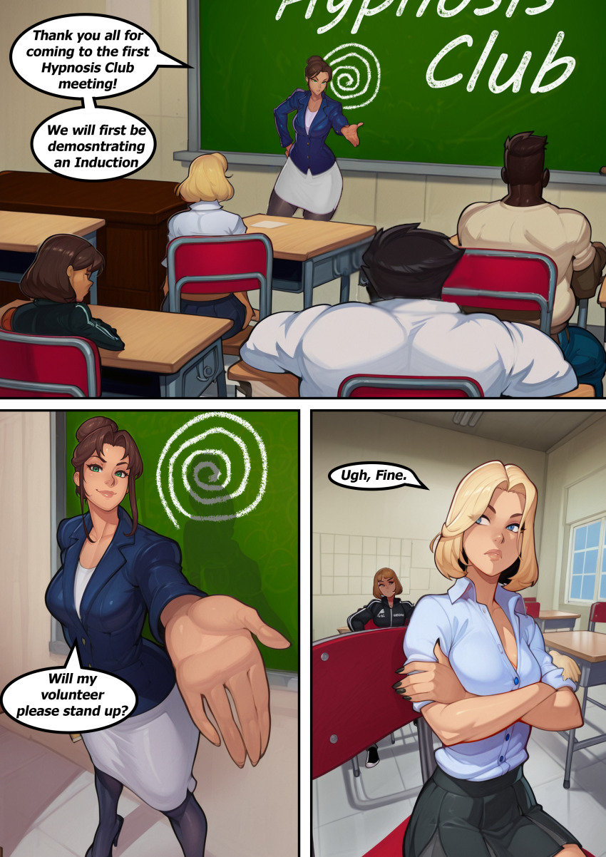 blonde_hair blue_eyes brown_hair classroom comic green_eyes hair_buns pantyhose sculptortusk short_hair skirt socks tagme