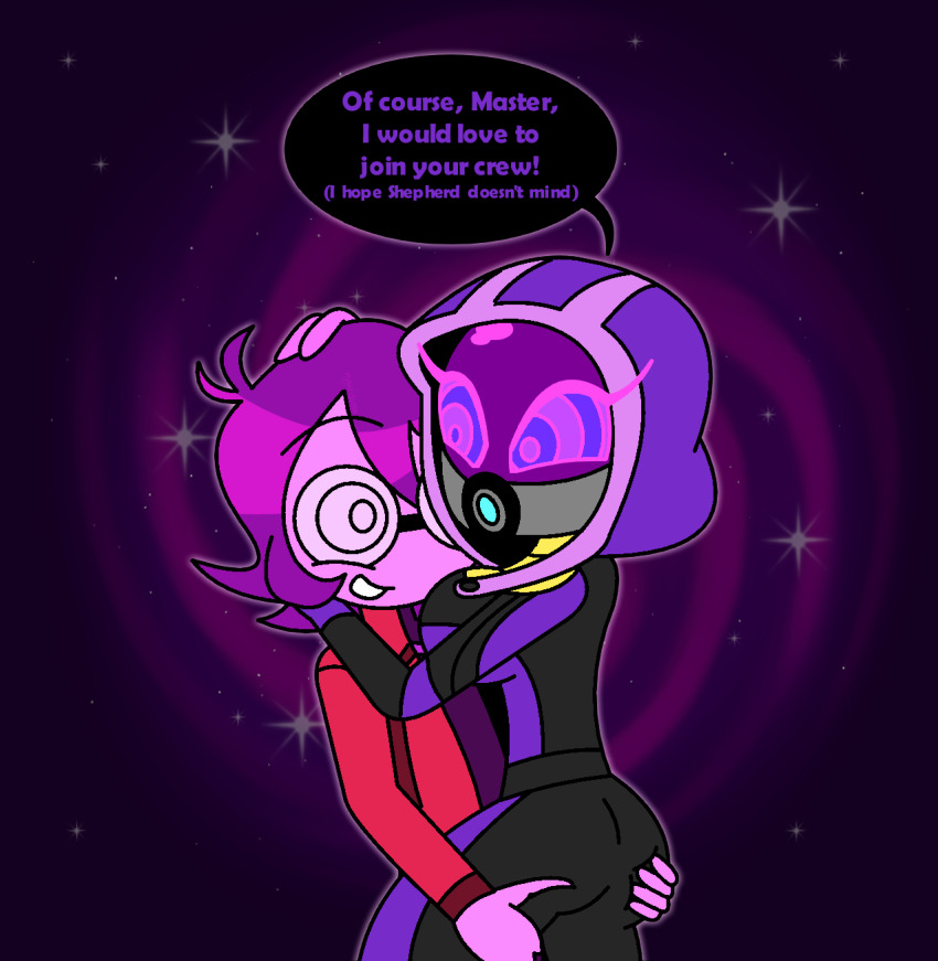 alien_girl english_text eyebrows_visible_through_hair femsub from_behind glasses groping happy_trance helmet hood hug hypno-scream_(hypnoscream) hypnoscream kaa_eyes large_ass large_breasts love maledom mass_effect original purple_background purple_eyes purple_hair purple_skin quarian simple_background smile speech_bubble tali&#039;zorah_nar_rayya thick_thighs
