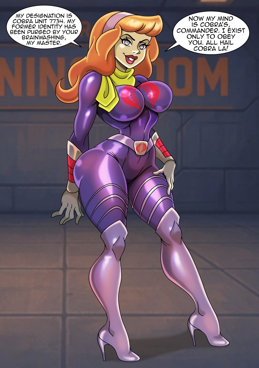 alternate_costume bodysuit boots corruption daphne_blake female_only femsub g.i._joe huge_ass long_hair orange_hair scooby-doo_(series) speech_bubble spiral_eyes standing text zorro-zero