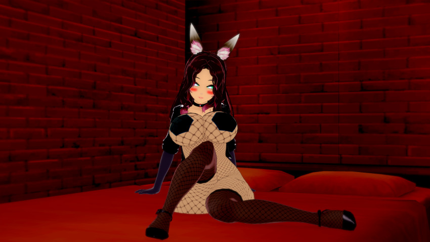 3d ass bed blake_(blakiee) blush brown_hair clothed_exposure collar female_only femsub fishnets fox_ears fox_girl fox_tail green_eyes happy_trance high_heels hypnotic_accessory jacket kitsune_girl koikatsu! large_breasts lipstick milena multiple_tails navel opera_gloves original pasties pink_hair posing sitting solo tech_control thighhighs white_skin