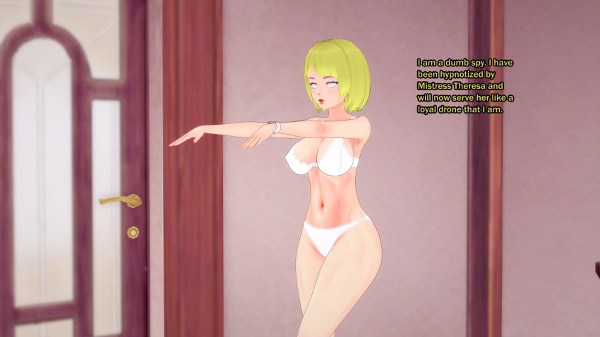 3d ashley_graham bangs blonde_hair bra bracelet capcom cleavage empty_eyes english_text femsub navel open_mouth panties resident_evil resident_evil_4 short_hair sonrio12 text whitewash_eyes zombie_walk