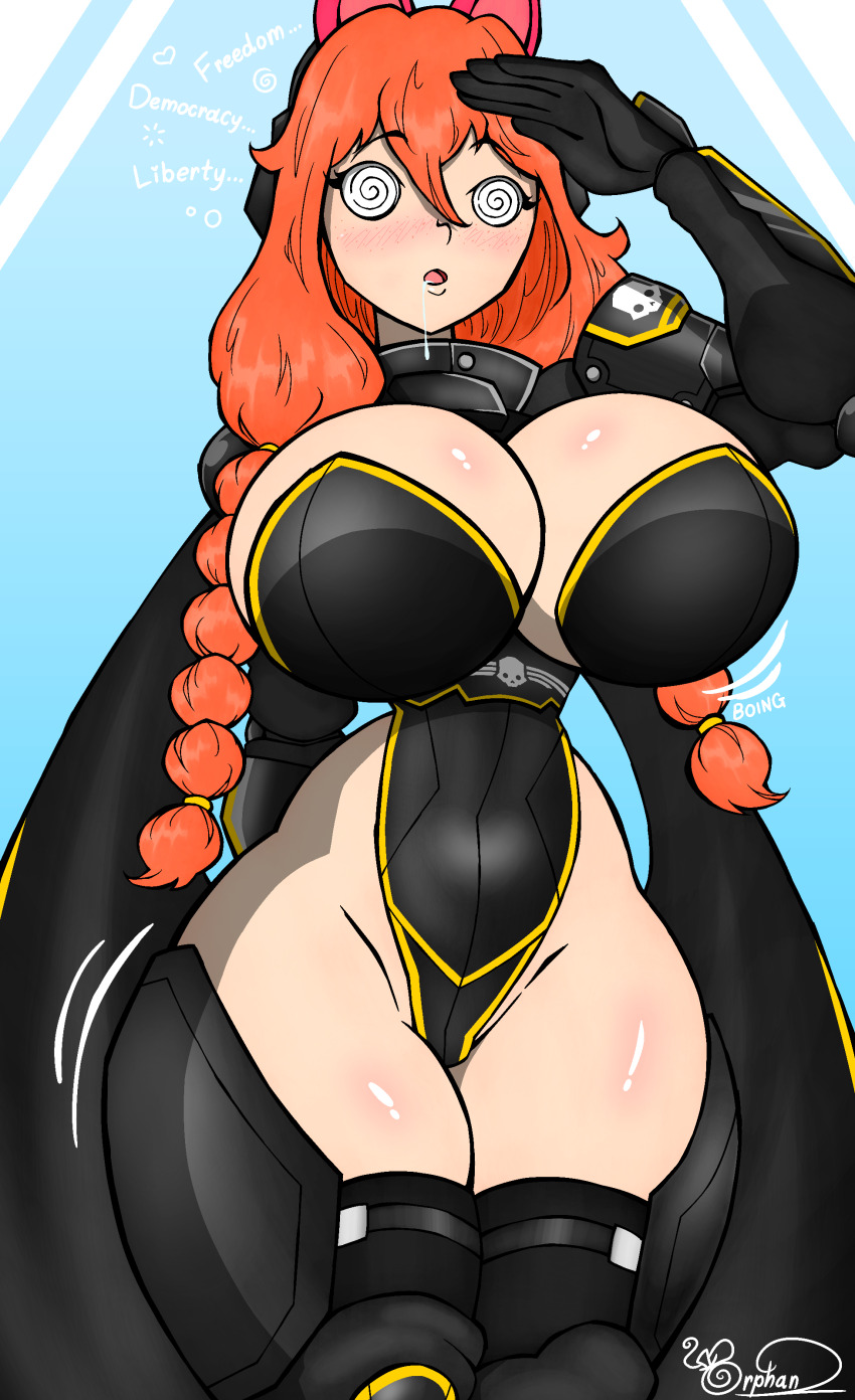 armor blush braid bunny_girl bunnysuit cape cleavage drool femsub freckles helldivers huge_breasts long_hair open_mouth orange_hair original orphan2 saluting spiral_eyes standing_at_attention text thick_thighs twintails viltai_(viltai)