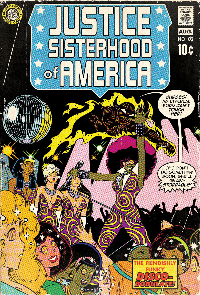 absurdres afro black_hair blonde_hair bracelet brown_hair character_request columbia_(maggotmike) cover dancing dark_skin demon_girl dialogue female_only femdom femsub goggles hairband headband light_skin long_hair maggotmike mass_hypnosis microphone opera_gloves original purple_hair red_lipstick she-devil_(maggot_mike) short_hair speech_bubble spiralwash_eyes text winged_woman_(maggot_mike) wings wrist_band yellow_lipstick