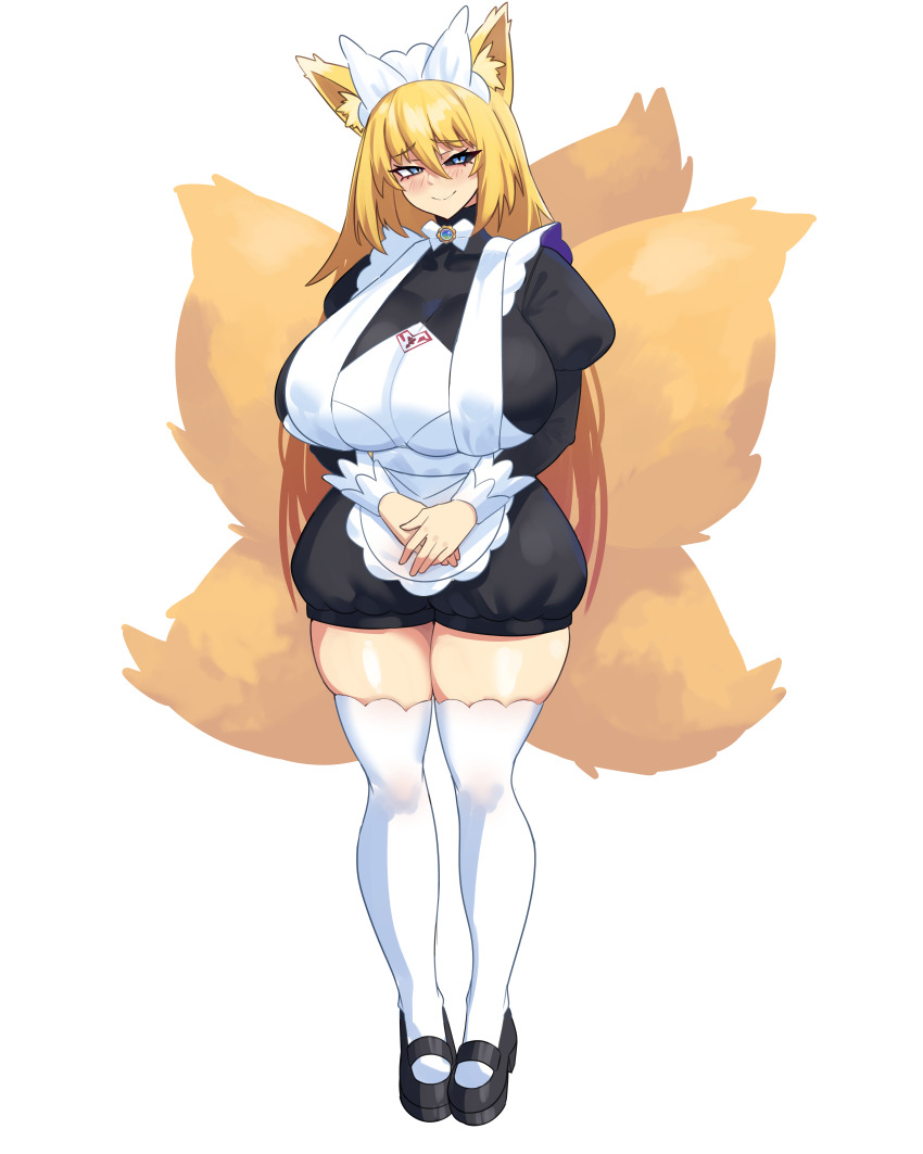 animal_ears anno_(anno) apron black_sclera blonde_hair blue_eyes blush breasts cosplay emi_(izanagistruth) female_only femsub fox_ears fox_girl fox_tail happy_trance huge_breasts konaloid long_hair maid maid_headdress multiple_tails nintendo original pokemon pokemon_legends_z-a smile tail twinning
