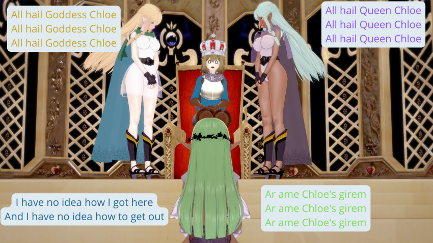 accidental_hypnosis blonde_hair brown_hair chloe_(unicorn_overlord) clothed complex_background dialogue drunk elf_ears eltolinde female_only femsub humor light_skin mantra memetic_control tagme text unicorn_overlord