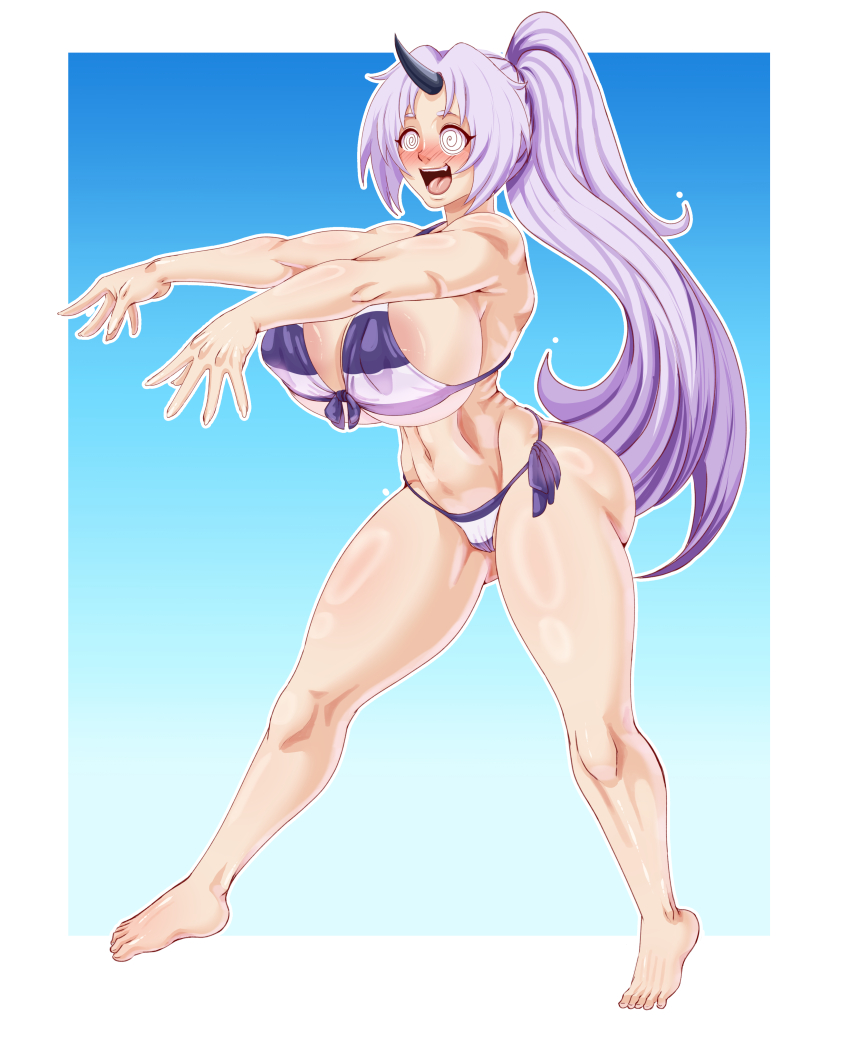 absurdres barefoot bikini blush breasts feet female_only femsub happy_trance horns karuro-kun large_breasts long_hair oni_girl open_mouth ponytail purple_hair shion_(tensei_slime) simple_background spiral_eyes symbol_in_eyes that_time_i_got_reincarnated_as_a_slime zombie_walk