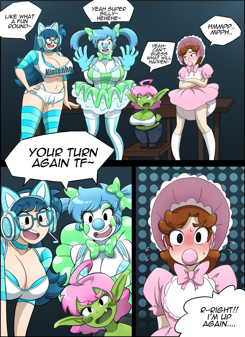 bib blue_hair bonnet brown_hair clown_girl clownification comic curly_hair diaper dress elf_ears gloves goblin green_skin headphones kobi94 large_breasts long_hair midriff pacifier pink_hair poofy_diaper short_hair short_shorts shortstack speech_bubble thighhighs twintails white_skin