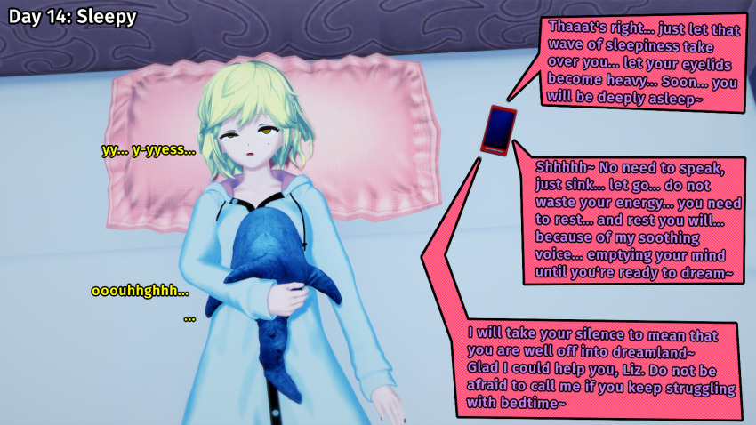 3d bed blahaj blonde_hair dialogue english_text eye_roll female_only femdom femsub koikatsu! liz_(liz_b) liz_b original pajamas phone pillow sleepy text