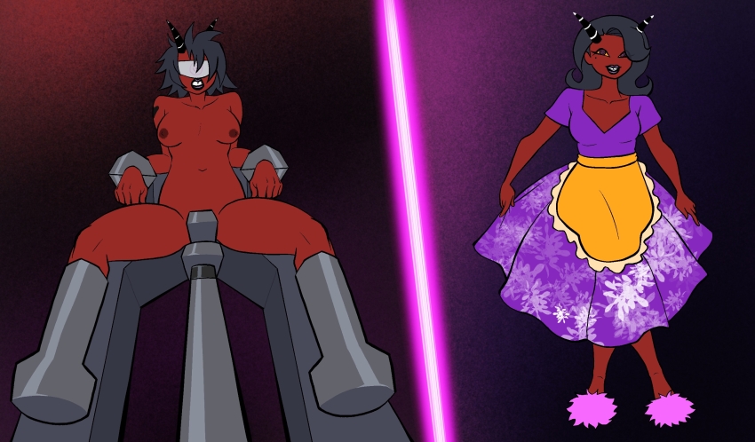 before_and_after black_hair demon_girl domestication female_only feminization femsub happy_trance helluva_boss horns millie_(helluva_boss) pranky restrained short_hair smile solo spiral_eyes stepfordization tagme visor yellow_sclera