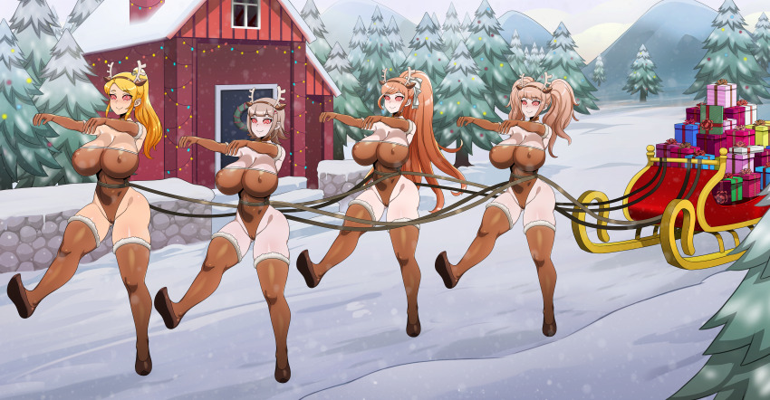 absurdres blonde_hair chiaki_nanami chisa_yukizome christmas crimson_(stepfordcrimson) dangan_ronpa dangan_ronpa_3 earrings erect_nipples_under_clothes fake_animal_ears female_only femsub gloves happy_trance horns junko_enoshima large_breasts long_hair multiple_girls multiple_subs orange_hair original outdoors ponytail reindeer_girl shinzu short_hair smile snow spiral_eyes super_dangan_ronpa_2 thighhighs twintails zombie_walk