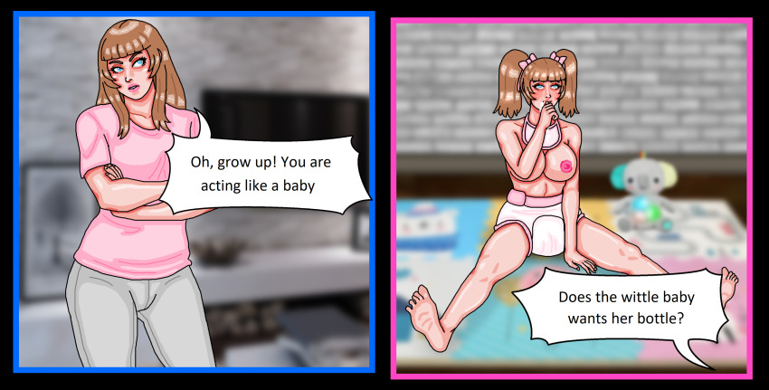 absurdres age_regression barefoot before_and_after blue_eyes bow brown_hair crossed_arms diaper drool emily_(mspainter) english_text femsub finger_sucking mspainter original pov shirt sitting speech_bubble straight-cut_bangs topless twintails yoga_pants