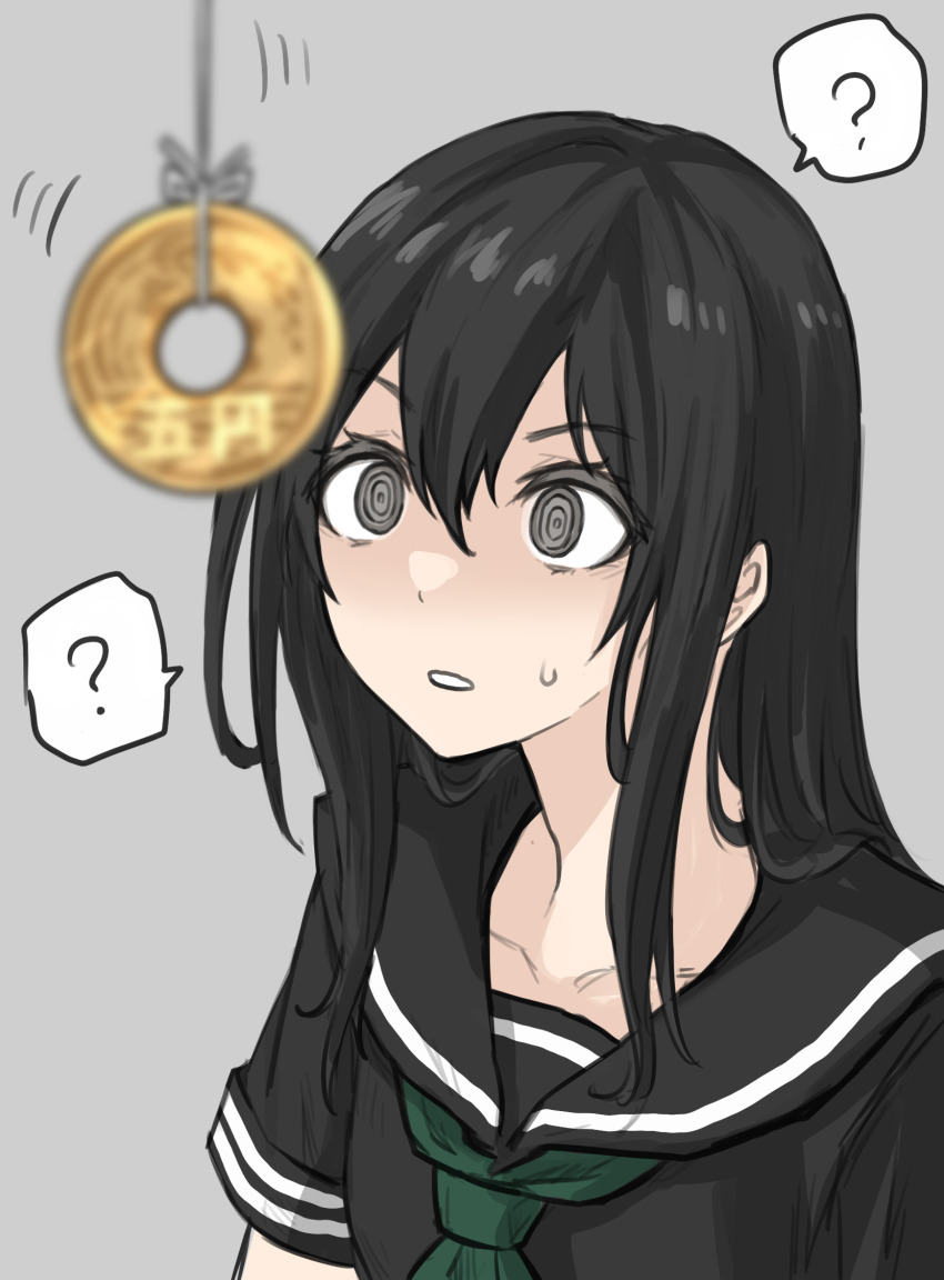 clothed coin collarbone confused eyebrows_visible_through_hair female_only femsub fuku_1028 grey_background grey_eyes original pendulum school_uniform simple_background solo speech_bubble spiral_eyes sweat symbol_in_eyes uniform