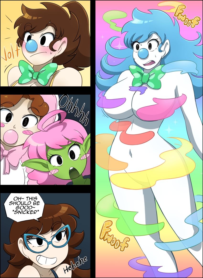 ahoge bib blue_hair bonnet bow_tie brown_hair censor_steam clownification comic curly_hair dress elf_ears glasses goblin green_skin hair_color_change kobi94 long_hair nude pacifier pink_hair ponytail short_hair shortstack speech_bubble text transformation white_skin