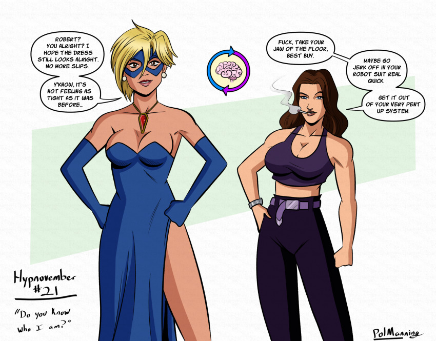 belt blonde_blazer blonde_hair blue_eyes brain breasts brown_eyes brown_hair cleavage dialogue dispatch_(game) dress earrings english_text female_only femsub gloves humor hypnovember identity_swap invisigal_(dispatch) jeans mask necklace nose_ring polmanning short_hair smoking speech_bubble super_hero text wrist_watch