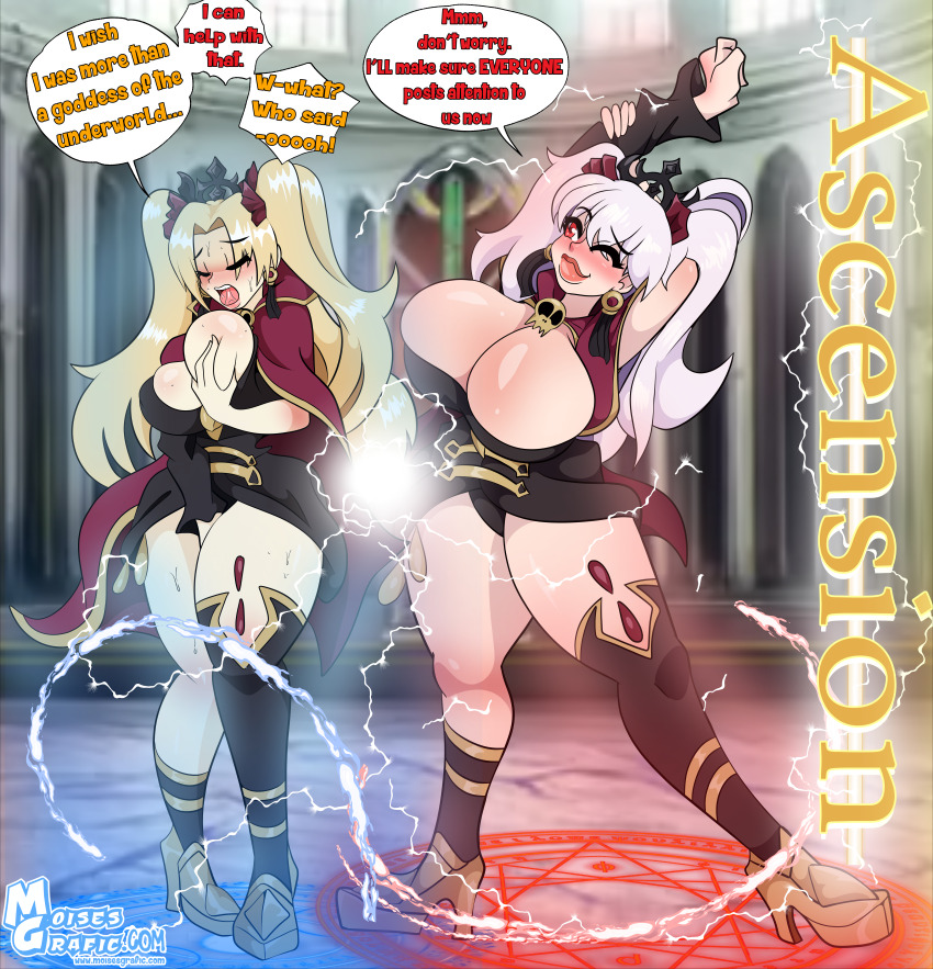 alternate_costume alternate_hair_color arms_above_head before_and_after blonde_hair blush breast_fondling breast_grab breasts cleavage closed_eyes cosplay crown dialogue drool earrings english_text ereshkigal_(fate/grand_order) fate/grand_order fate/stay_night fate_(series) femdom femsub fingering glowing happy_trance high_heels holding_breasts hypnotized_dom jewelry kama_(fate/grand_order) large_breasts magic magic_circle masturbation moisesgrafic one_eye_open open_mouth possession red_eyes rin_tohsaka speech_bubble standing sweat text thick_thighs thighhighs thighs transformation twintails white_hair wink