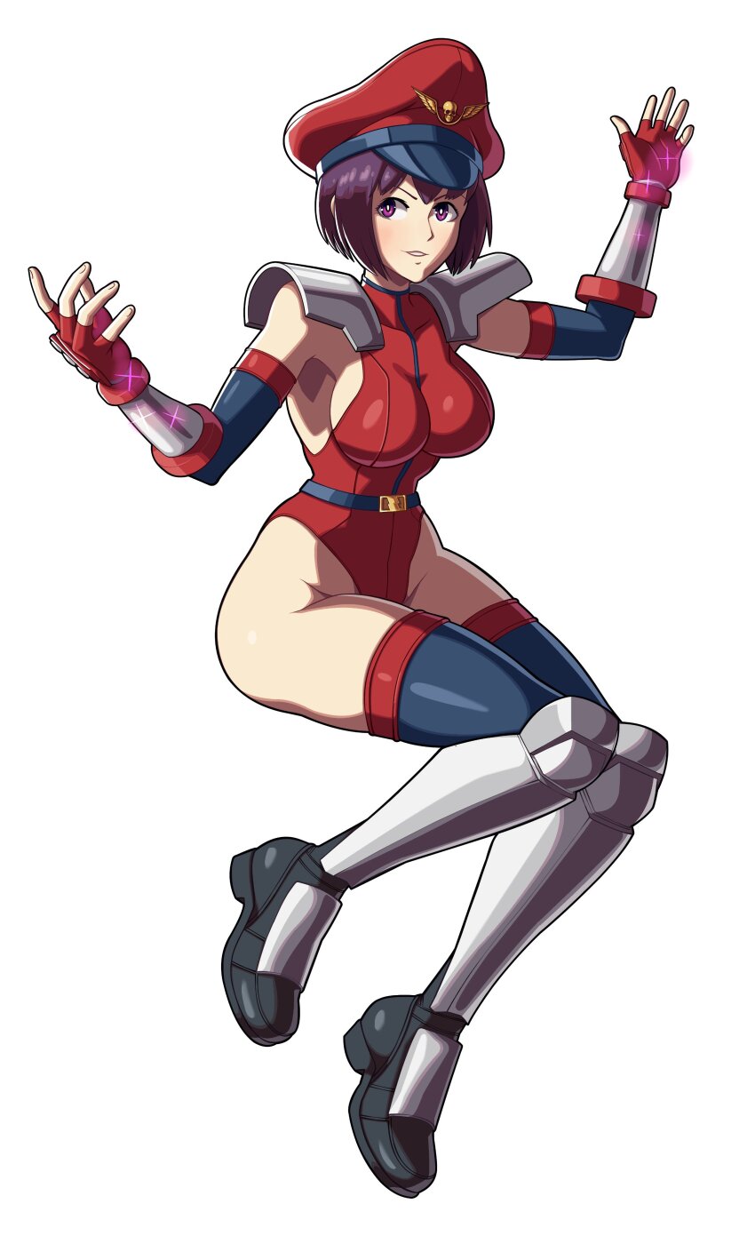 alternate_costume athena_asamiya aura bare_shoulders blush boots breasts cap capcom clothed corruption crossover femsub fingerless_gloves floating gloves king_of_fighters large_breasts leotard m._bison maledom nibbon possession psycho_soldier purple_eyes purple_hair short_hair sideboob simple_background street_fighter thick_thighs thighs white_background