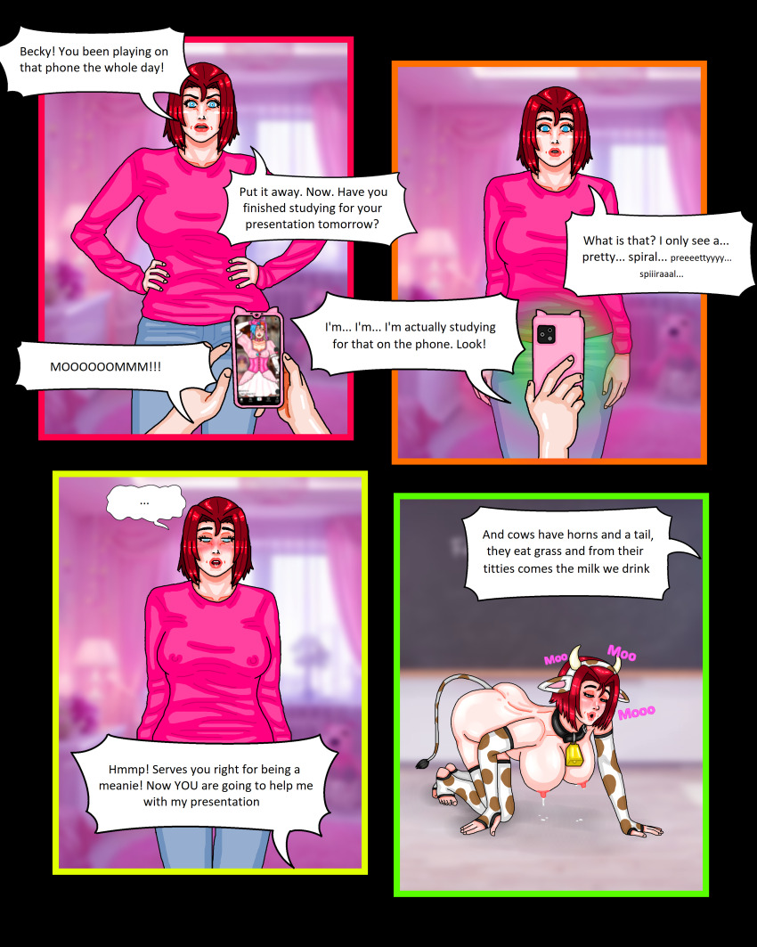 all_fours collar cow_print cowbell english_text fake_animal_ears fake_tail hypnotic_app karen_(mspainter) kiddom lactation large_breasts milf mspainter opera_gloves pet_play phone pov speech_bubble standing_at_attention tech_control thighhighs