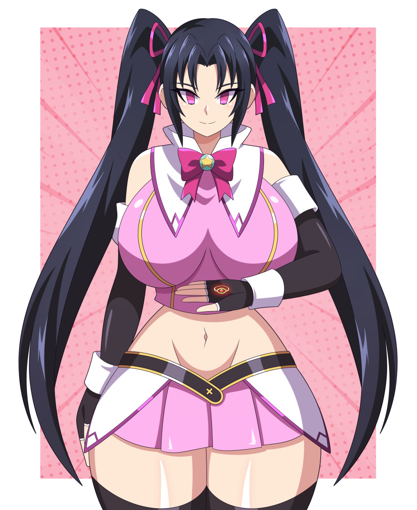 absurdres abyss162 black_hair border bow empty_eyes female_only femsub fingerless_gloves hair_ribbon happy_trance high_school_dxd hypnotic_accessory large_breasts midriff navel pink_eyes ring serafall_leviathan skirt smile standing thick_thighs thighhighs twintails very_long_hair