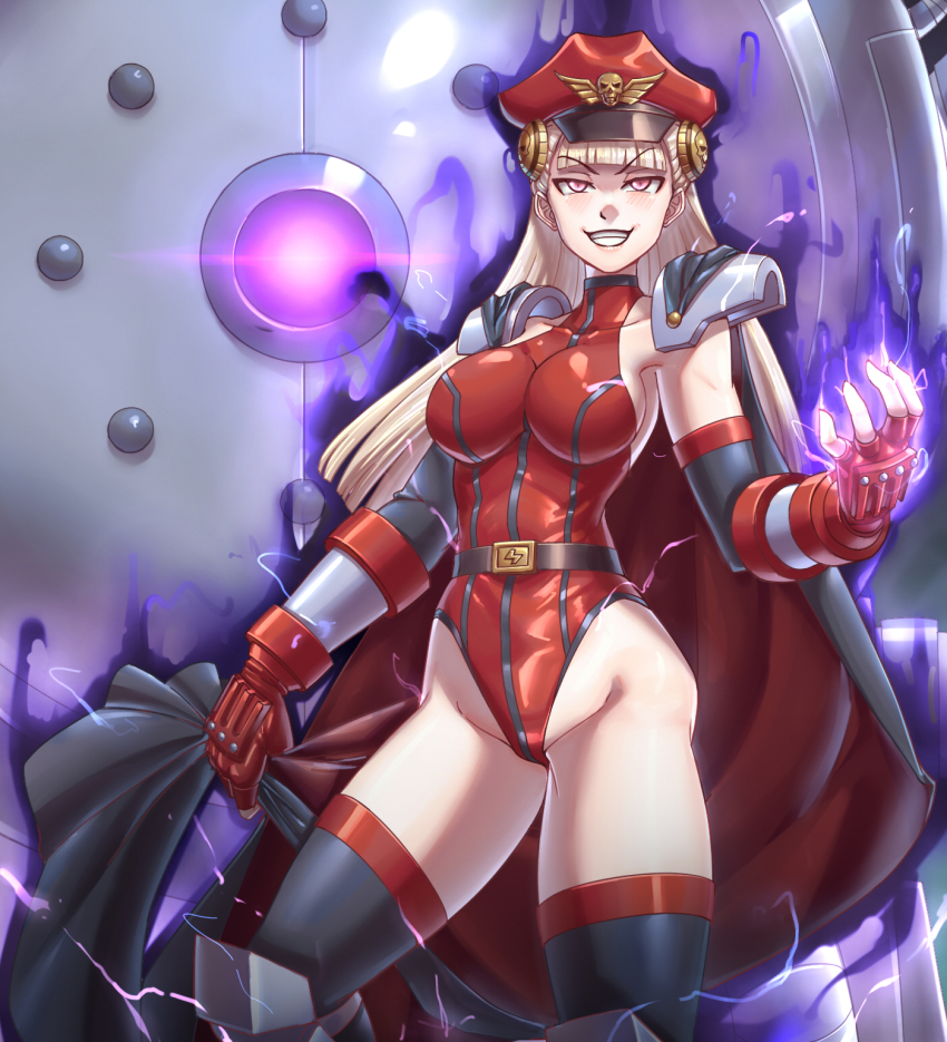 alternate_costume aura blush breasts cap capcom capcom_fighting_jam cape clothed corruption cosplay evil_smile eye_color_change femsub fingerless_gloves gloves glowing happy_trance hat ingrid_(capcom) leebigtree leotard m._bison maledom pink_eyes possession red_eyes silver_hair smile street_fighter thighhighs thighs very_long_hair