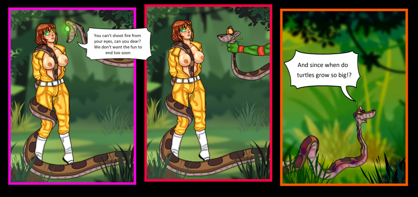 absurdres april_o&#039;neil bare_breasts clothed_exposure coils disney english_text humor kaa kaa_eyes mspainter open_mouth speech_bubble teenage_mutant_ninja_turtles the_jungle_book