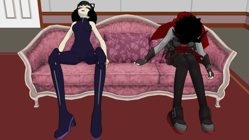 3d airmotor animal_ears bare_shoulders belt belted_skirt blake_belladonna bodysuit breasts cape cat_girl closed_eyes clothed couch female_only femsub fingerless_gloves knee-high_boots knees_together leaning_forward limp mmd multiple_girls multiple_subs open_mouth ruby_rose rwby short_hair skirt sleeping slouching thigh_boots thigh_heels zipper