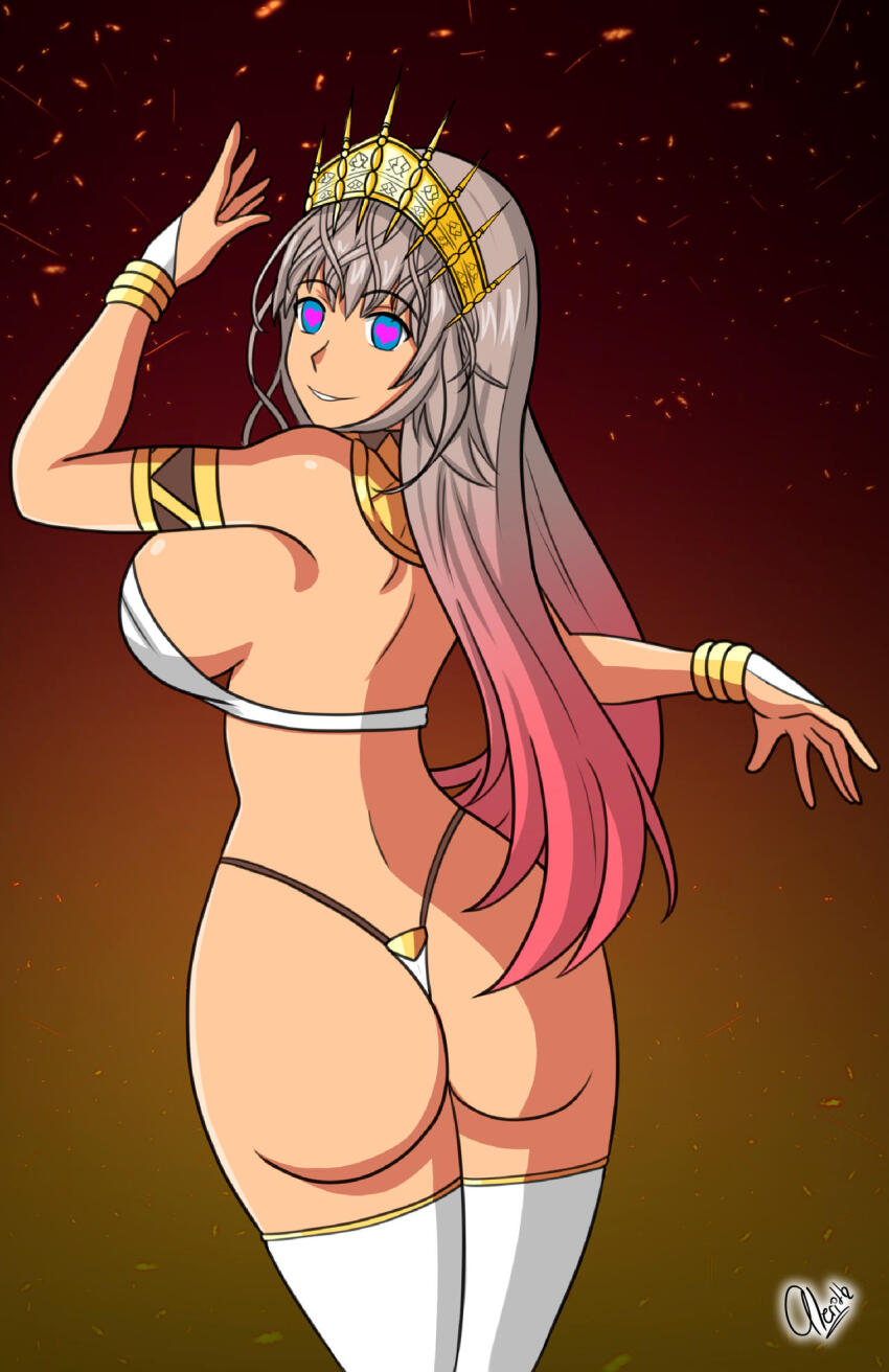 alerith ass bare_shoulders breasts command_seal dancer dancing fate/grand_order fate_(series) female_only femsub from_behind grey_hair happy_trance harem_outfit heart heart_eyes large_ass long_hair looking_at_viewer looking_back multicolored_hair red_hair smile symbol_in_eyes thighhighs thighs zenobia_(fate)