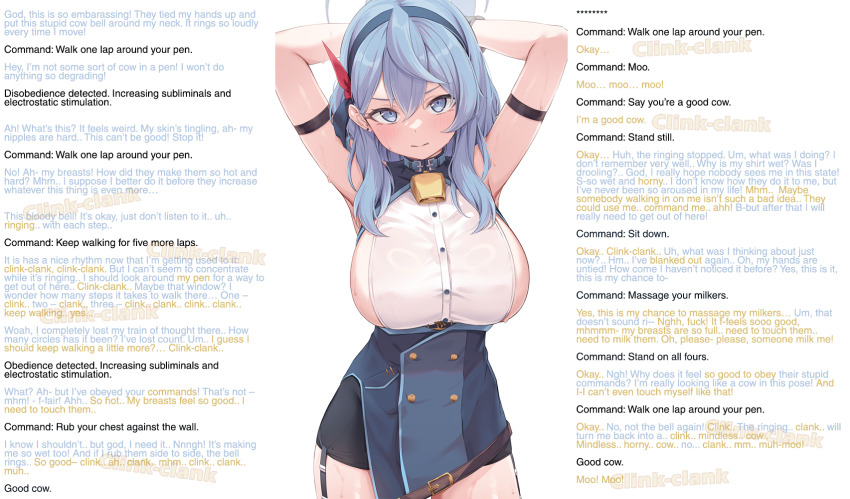 ako_(blue_archive) armpits arms_above_head aware bare_legs blue_archive blue_eyes blue_hair breasts caption caption_only clothed collar cowbell earrings female_only femsub garter_straps hair_band heartsix hypnotic_accessory hypnotic_audio large_breasts looking_at_viewer resisting restrained solo spottyraccoon_(manipper) sweat text trance_break white_background