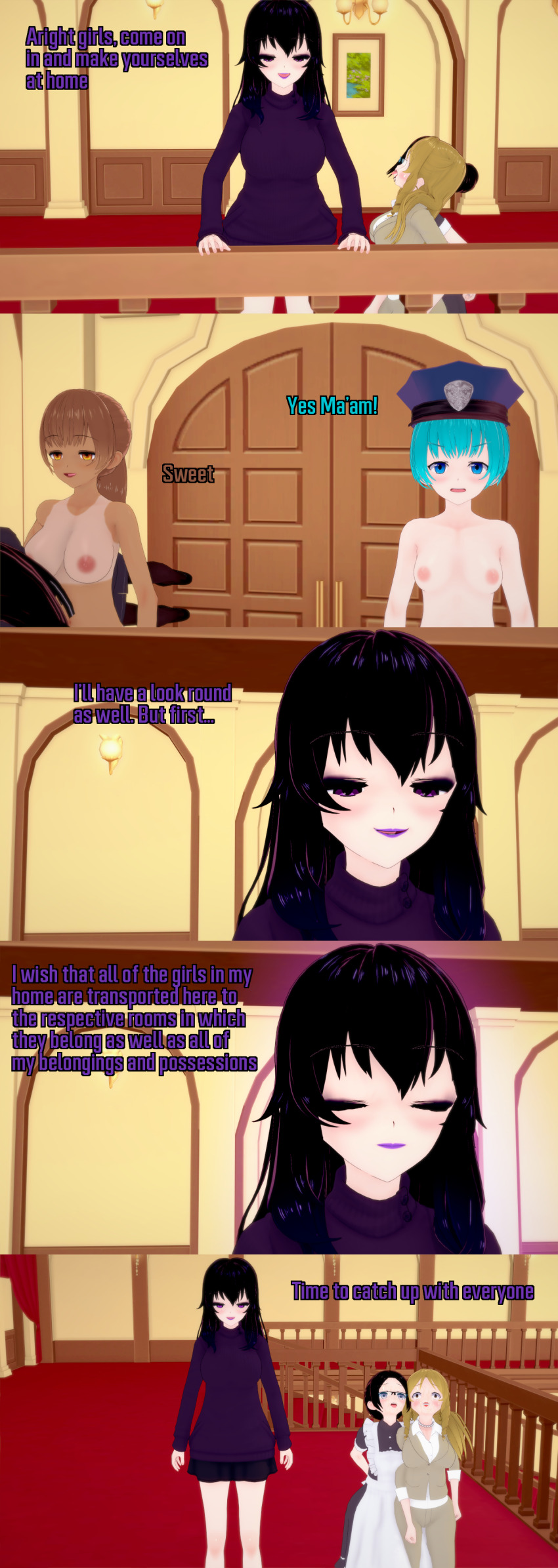 absurdres black_hair blonde_hair blue_eyes blue_hair brown_eyes closed_eyes clothed cum cum_on_face dialogue english_text female_only femdom femsub glasses grey_eyes kneeling lila_(ophelia's_dollhouse) long_hair maid multiple_girls multiple_subs ophelia's_dollhouse ophelia_(ophelia's_dollhouse) purple_eyes scared short_hair tan_lines tan_skin text virginia_westbrook_(ophelia's_dollhouse) zenin1