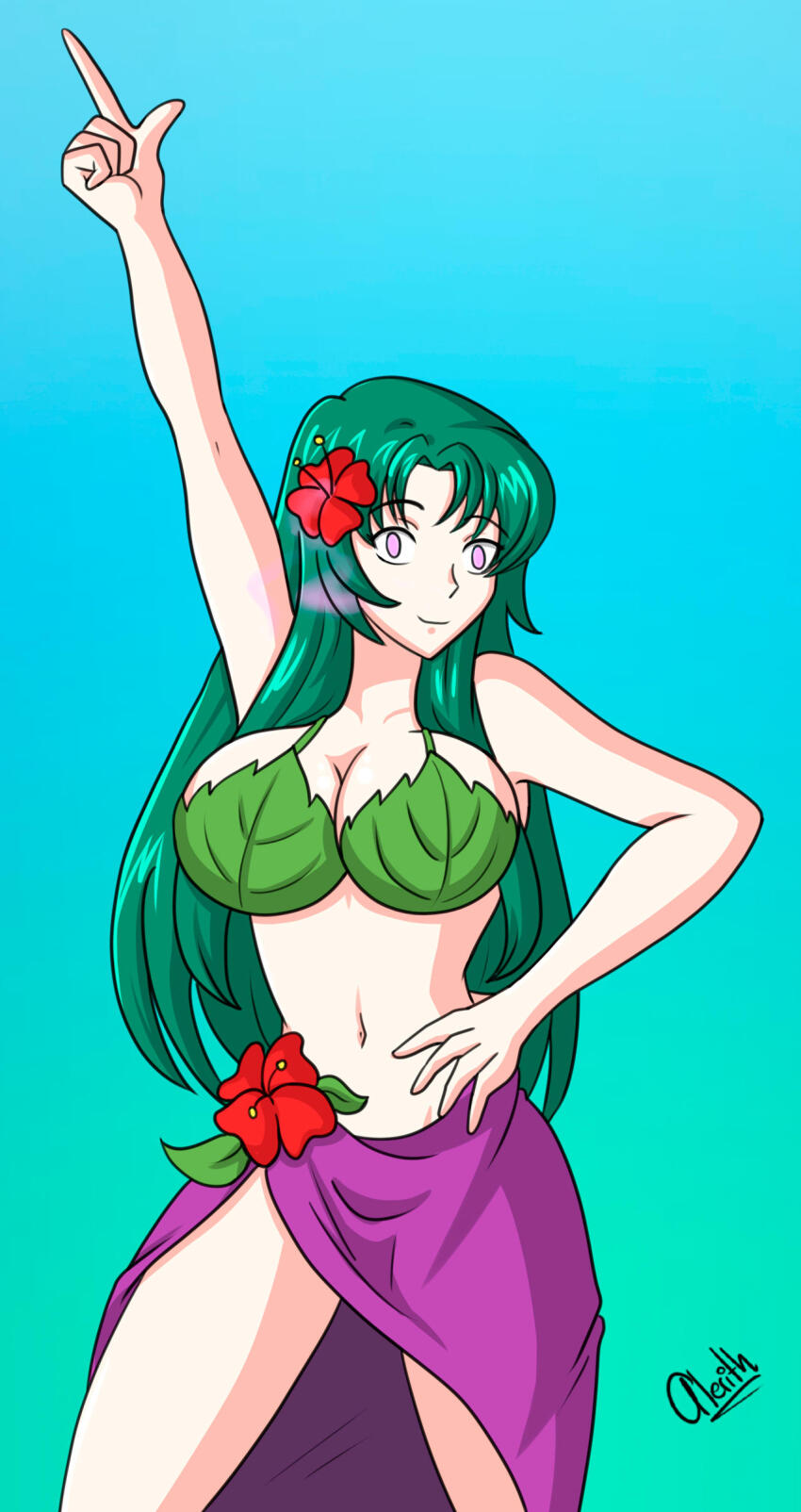 alerith alternate_costume bare_legs bare_shoulders cecilia_(fire_emblem) cleavage dancer dancing empty_eyes femsub fire_emblem fire_emblem_heroes fire_emblem_the_binding_blade flower flower_in_hair green_hair hand_on_hip happy_trance hypnotic_plant hypnotic_smoke large_breasts legs long_hair looking_at_viewer midriff navel nintendo pheromones pink_eyes plant smile smoke