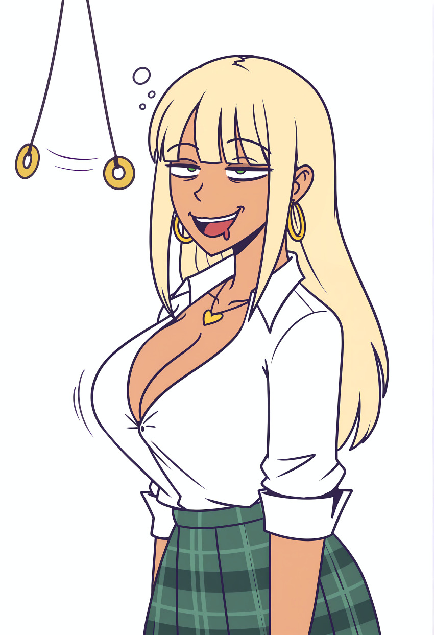 ai_art bangs blonde_hair cleavage collarbone drool earrings female_only femsub ganguro green_eyes happy_trance long_hair maledom minimimic_(generator) necklace open_mouth pendulum school_uniform simple_background skirt smile stable_diffusion_(ai) tan_skin white_background
