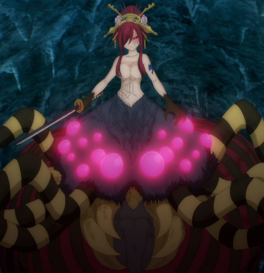 alternate_hairstyle black_sclera breasts bug_girl corruption crown erza_scarlet fairy_tail femsub jewelry large_breasts monster_girl multiple_legs red_eyes spider_girl sword tattoo topless transformation