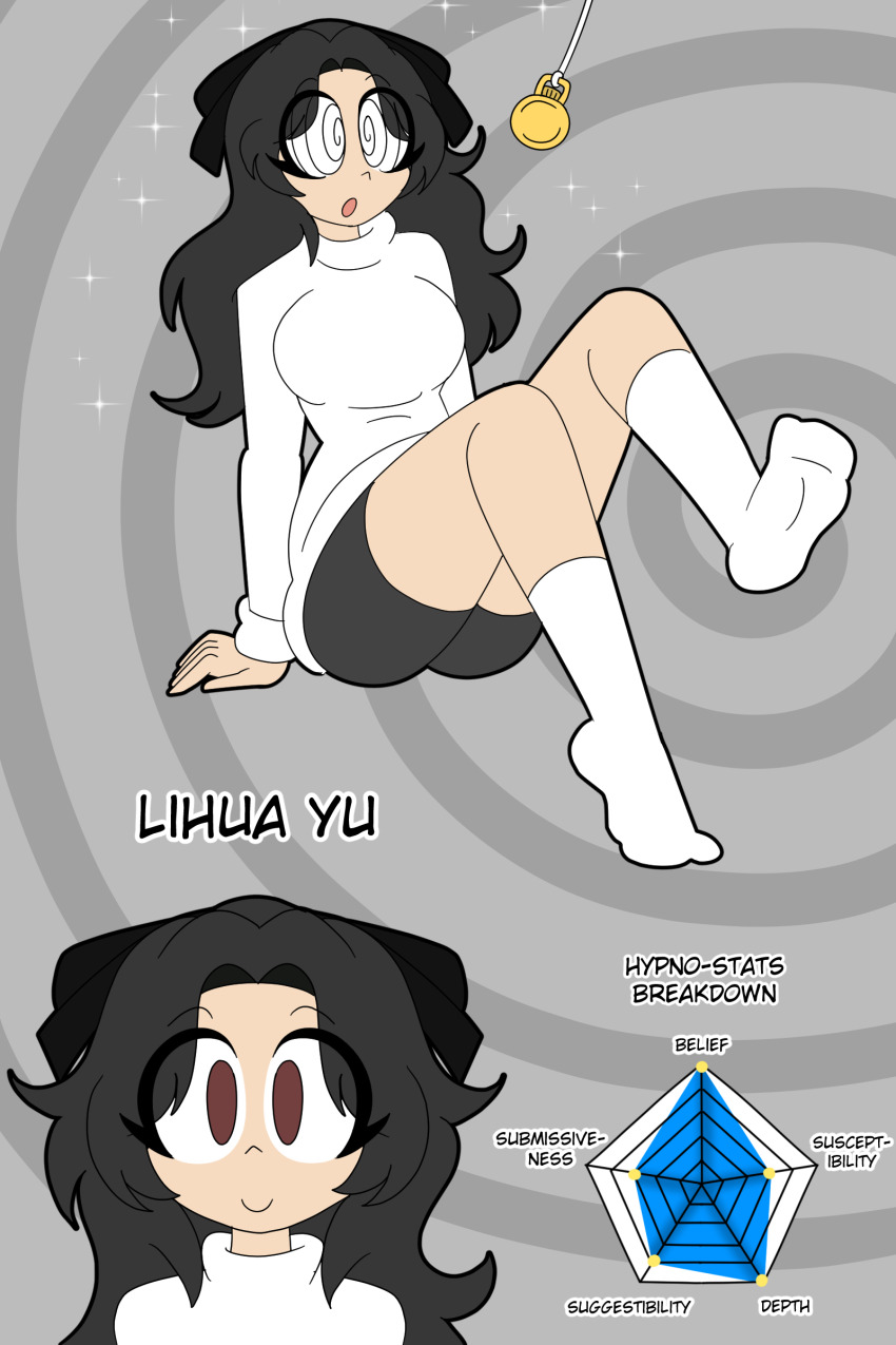 black_hair brown_eyes character_profile clothed eyebrows_visible_through_hair female_only femsub gameplay_mechanics grey_background large_breasts legs lihua_yu_(mindwipe) long_hair looking_at_viewer open_mouth original pendulum shorts simple_background sitting smile socks solo sparkle spiral_background spiralwash_eyes sweater tight_clothing zombi62