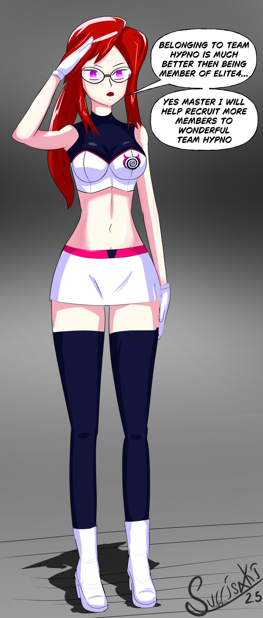 empty_eyes glasses lorelei nintendo pokemon red_hair saluting skirt surrisaki tagme team_hypno text