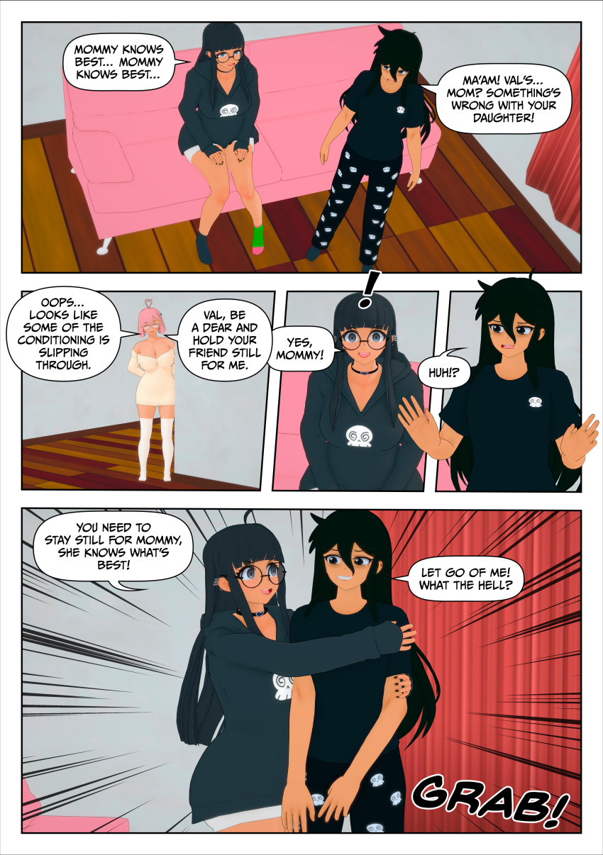 black_hair blush clothed comic dialogue femsub jessie_(dumbskull) mommy_(dumbskull) mother_and_daughter original pink_hair rollb spiral_eyes text valerie_(dumbskull)