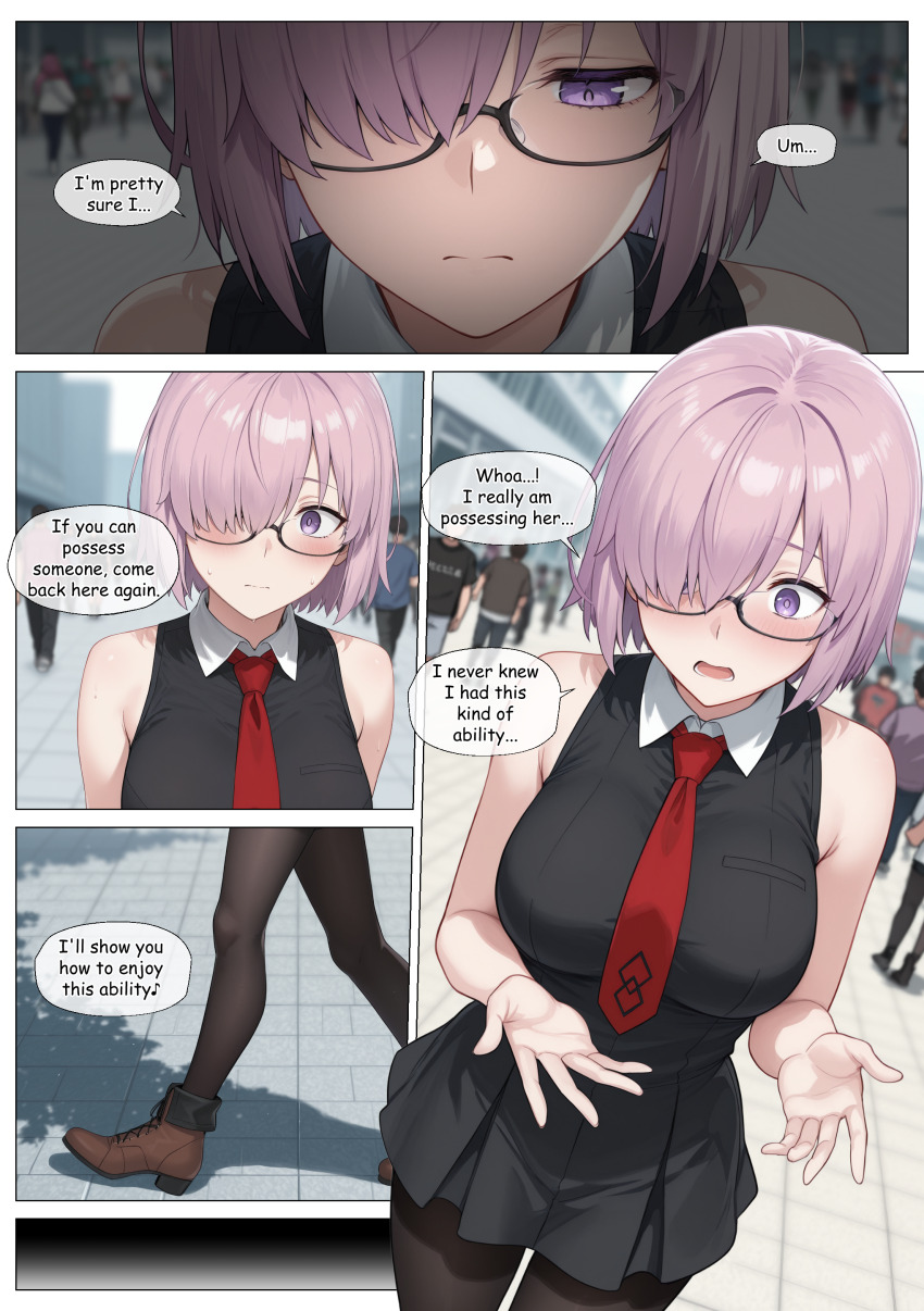 ai_art bare_shoulders blush comic dialogue english_text faceless_male fate/grand_order fate_(series) femsub glasses hair_covering_one_eye kodawarite_(generator) maledom mashu_kyrielight outdoors pink_hair possession purple_eyes shoes short_hair speech_bubble text tie