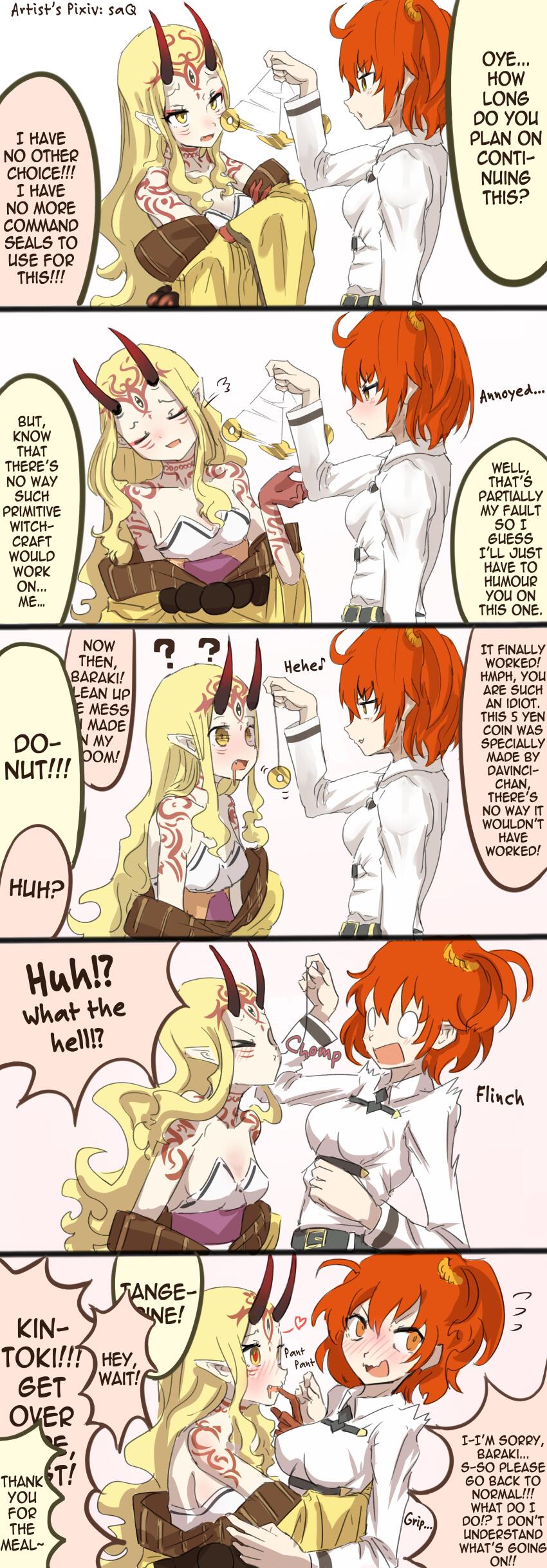 absurdres ahoge blonde_hair blush closed_eyes coin comic confused demon_girl denial drool english_text fate/grand_order fate_(series) female_only femdom femsub finger_in_mouth hard_translated heart heart_eyes horns humor ibaraki_douji long_hair orange_eyes orange_hair panting pendulum resisting ritsuka_fujimaru_(female) saq sequence short_hair side_ponytail simple_background symbol_in_eyes text translated turning_the_tables uniform yellow_eyes