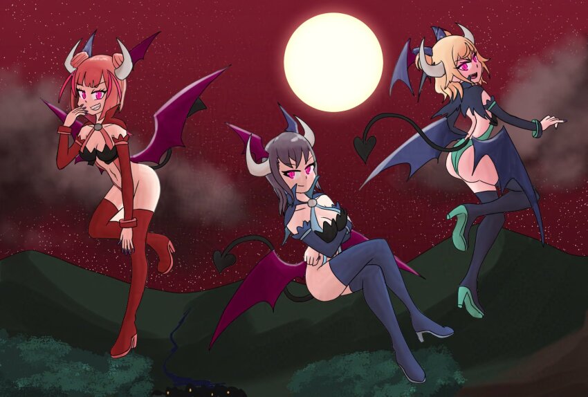 alternate_costume ass bare_shoulders breasts celtie_(world_flipper) corruption crossed_legs cygames evil_smile eye_color_change femsub floating from_behind happy_trance high_heels horns large_breasts looking_at_viewer looking_back midriff mythkaz navel night outdoors pink_eyes rinne_hikawa slit_pupils smile smirk tagme tail thighhighs vampire wings world_flipper yuki_mishima