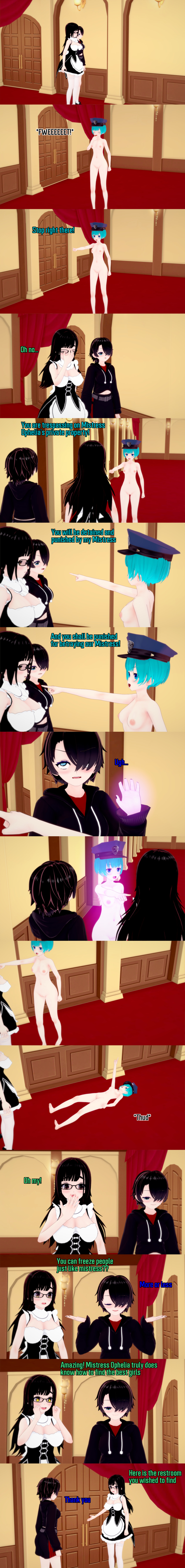 absurdres angry black_hair blue_eyes blue_hair breasts brown_eyes closed_eyes clothed confused dialogue english_text facepalm female_only femdom femsub glasses hair_covering_one_eye kurai_(witch) long_hair maid multiple_girls multiple_subs nipples nude ophelia's_dollhouse ophelia_(ophelia's_dollhouse) pussy short_hair symbol_in_eyes text witch_(mad_jacks) zenin1