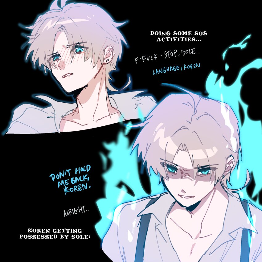 absurdres ahoge aura aware black_background blue_eyes blush clothed dialogue dreamycakesss earrings english_text eye_color_change flame glowing_eyes grey_hair jewelry koren_(dreamycakesss) looking_at_viewer male_only maledom malesub original possession shirt short_hair simple_background sole_(dreamycakesss) text