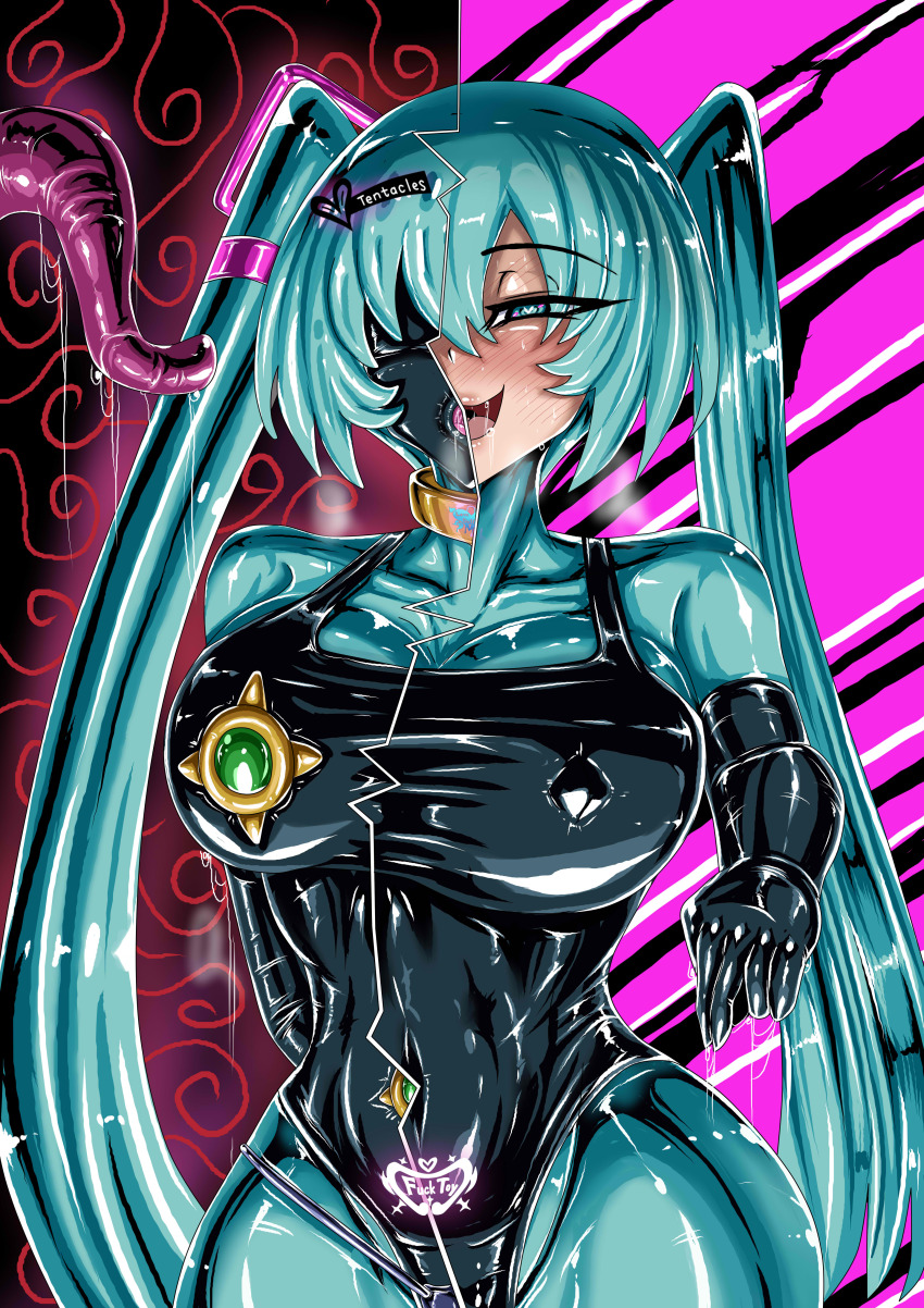 bangs blue_eyes blue_hair blush breasts collar crotch_tattoo cyan_eyes cyan_hair drool erect_nipples erect_nipples_under_clothes gloves happy_trance heart heart_eyes jokerkin large_breasts latex leotard mask miku_hatsune opera_gloves pasties rubber sweat swimsuit symbol_in_eyes tentacles text thick_thighs tight_clothing tongue twintails vocaloid wide_hips