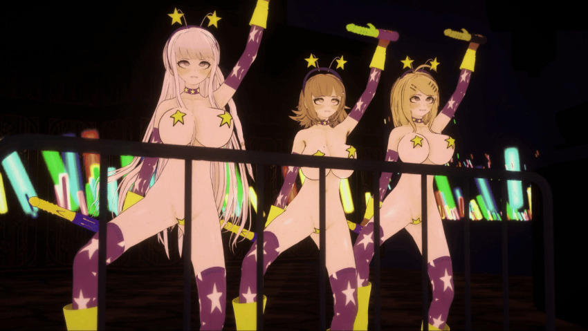 3d animated animated_gif armpit_hair armpits blonde_hair blush boots bouncing_breasts brown_hair chiaki_nanami choker clothed_exposure dancer dancing dangan_ronpa empty_eyes erect_nipples erect_nipples_under_clothes exposed_chest eye_roll female_only femsub gloves headdress huge_breasts kaede_akamatsu koikatsu! kyoko_kirigiri long_hair mikumo multiple_girls multiple_subs navel open_mouth opera_gloves pasties purple_eyes purple_hair short_hair star_pasties straight-cut_bangs thighhighs very_long_hair