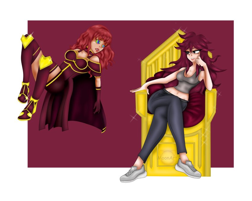 alternate_costume alternate_hairstyle bare_shoulders breasts brown_eyes cape celica_(fire_emblem) chair cleavage clothed crossed_legs female_only femdom femsub fire_emblem fire_emblem_echoes fire_emblem_engage fire_emblem_gaiden floating genderswap gloves kaa_eyes karyu_ginsora_(saibot) long_hair midriff moonart navel nintendo orange_hair original pants red_background red_hair shoes simple_background sitting sparkle